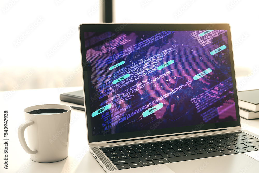 Poster computer monitor with abstract creative programming illustration and world map, big data and blockch