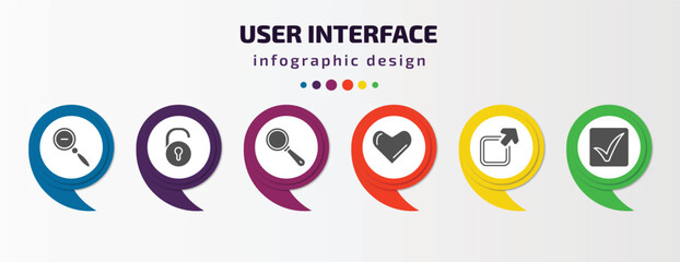 user interface infographic template with icons and 6 step or option. user interface icons such as zoom out, unblocked, look, minimal, export, check square vector. can be used for banner, info graph,