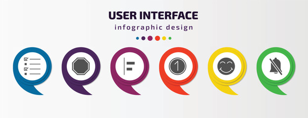 user interface infographic template with icons and 6 step or option. user interface icons such as test quiz, eighties, object alignment, number, joyful smile, disable alarm vector. can be used for