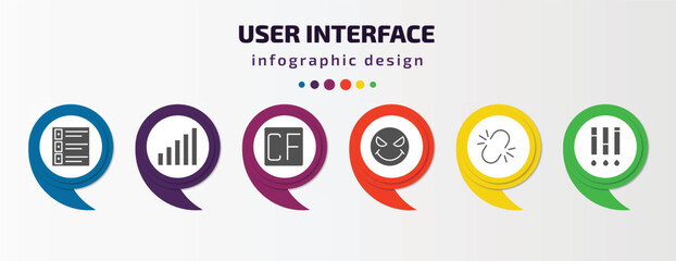 user interface infographic template with icons and 6 step or option. user interface icons such as film list, level, cf, evil smile, unlink, ink level vector. can be used for banner, info graph, web,