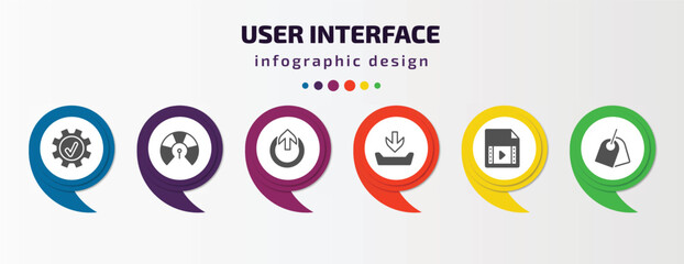 user interface infographic template with icons and 6 step or option. user interface icons such as right tings, indicators, external, file inbox, video file, labels vector. can be used for banner,