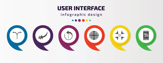 user interface infographic template with icons and 6 step or option. user interface icons such as bifurcation, back drawn arrow, circular arrow clock, worldgrid, reduce, stream vector. can be used