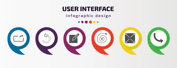 user interface infographic template with icons and 6 step or option. user interface icons such as export arrow, refresh left arrow, make, spiral tool, expand button, curve arrows vector. can be used
