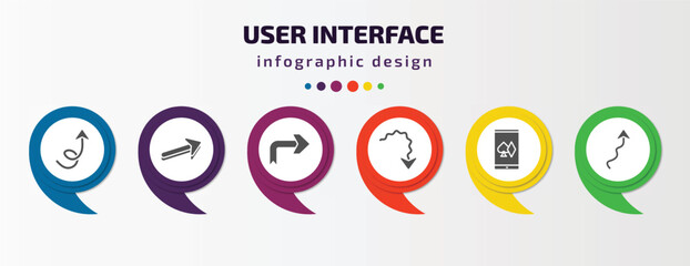 user interface infographic template with icons and 6 step or option. user interface icons such as swirly arrow, 3d forward arrow, right arrow with turn, squiggly online gambling, with scribble
