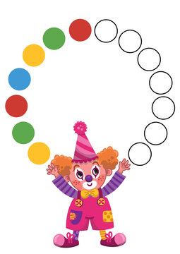 Can you continue the color pattern in the clown's balls by painting? Educational vector illustration for children. 
