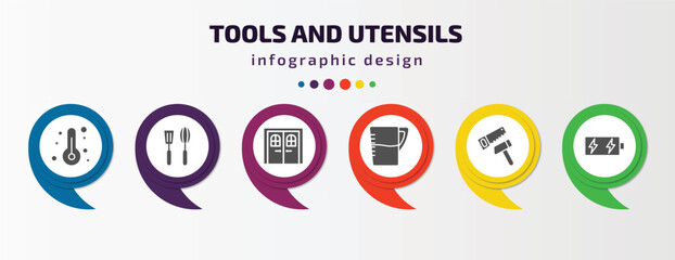 tools and utensils infographic template with icons and 6 step or option. tools and utensils icons such as thermometers, kitchen tools, doors, pitcher with levels, carpentry, battery charging vector.