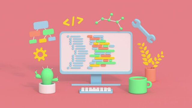 Computer software development concept. Minimal cartoon style 3D render animation