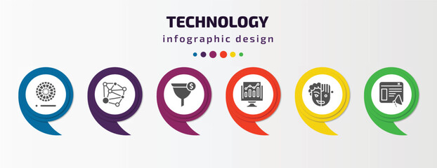 technology infographic template with icons and 6 step or option. technology icons such as colory theory, social graph, conversion, growth hacking, humanoid robot, content marketing vector. can be