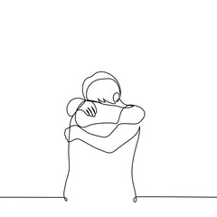 two people tightly hugging each other with their faces buried - one line drawing vector. concept weep together, comfort each other, a strong hug of missed people, a family mourns grief