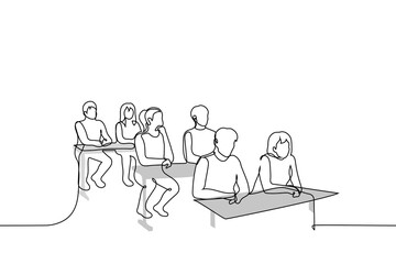 students sitting at their desks - one line drawing vector. concept college education or parent meeting at school
