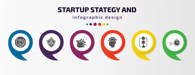 startup stategy and infographic template with icons and 6 step or option. startup stategy and icons such as maze, startup shield, clap, experience, flowchart, quick vector. can be used for banner,