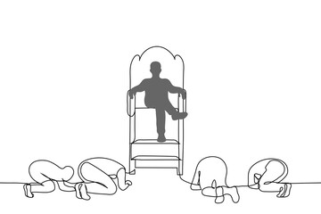 man sits high on a throne the others below bow down to him - one line drawing vector. concept deification, idolatry, tyranny