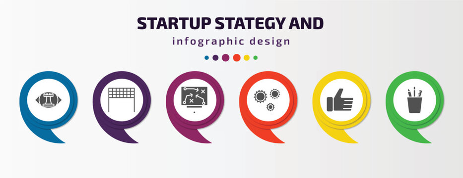 startup stategy and infographic template with icons and 6 step or option. startup stategy and icons such as strategic vision, finish line, strategy sketch, gears, thumb up, stationery vector. can be