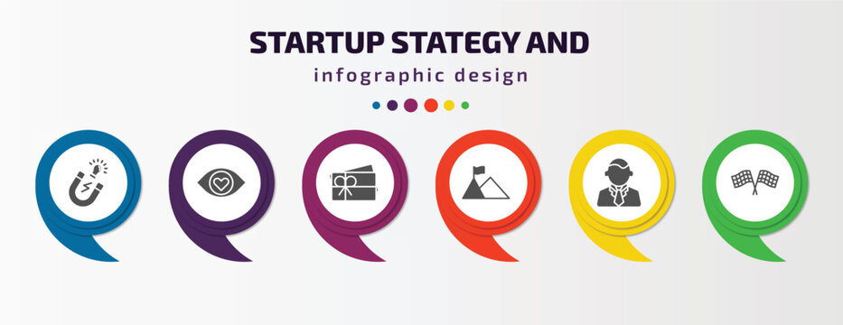 startup stategy and infographic template with icons and 6 step or option. startup stategy and icons such as idea magnet, attractive, gift voucher, overcome, ceo, finish flag vector. can be used for