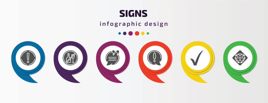 Signs Infographic Template With Icons And 6 Step Or Option. Signs Icons Such As Exclamation, Drink, Quotes, Exclamation Mark, Tick, Toxic Material Vector. Can Be Used For Banner, Info Graph, Web,