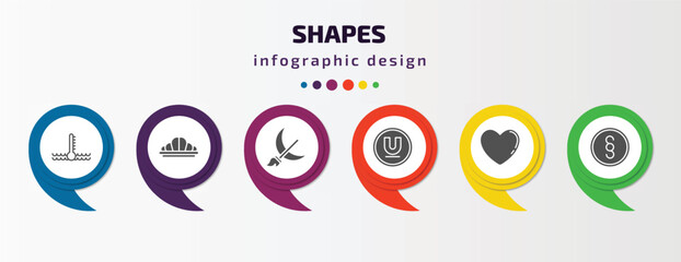 shapes infographic template with icons and 6 step or option. shapes icons such as engine coolant, reign, moon and broom, undelined, black heart, paragraph vector. can be used for banner, info graph,