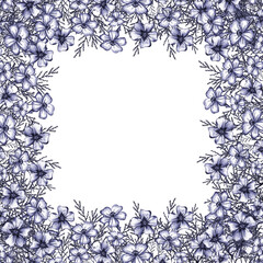 White and Blue Flower Frame. Floral Card with Blue Marigolds Drawn by Colored Pencils.