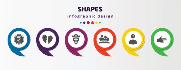 shapes infographic template with icons and 6 step or option. shapes icons such as z, broken heart, sailor skull, wedding night, character, finger gun vector. can be used for banner, info graph, web,