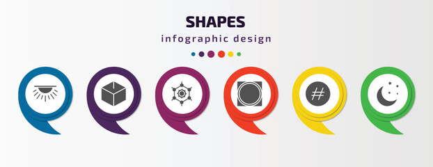 shapes infographic template with icons and 6 step or option. shapes icons such as dome light, blank cube, framework, vignette, hash key, clear night vector. can be used for banner, info graph, web,