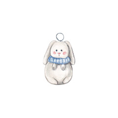 Christmas tree toys white rabbit with a blue scarf on a white background.Watercolor New Year's illustration. Christmas decorations. White Christmas Bunny. Christmas. New Year. Suitable for design.