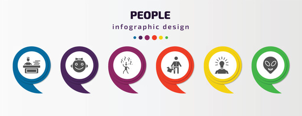 people infographic template with icons and 6 step or option. people icons such as working at the office, baby smile, man partying, salesman working, man with idea, alien smile vector. can be used