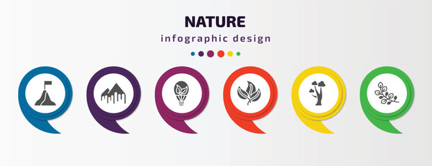 nature infographic template with icons and 6 step or option. nature icons such as determination, melting, led bulb, green, gray birch tree, branch with leaves vector. can be used for banner, info