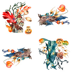 Various cute haunted houses watercolor seamless pattern isolated on white.