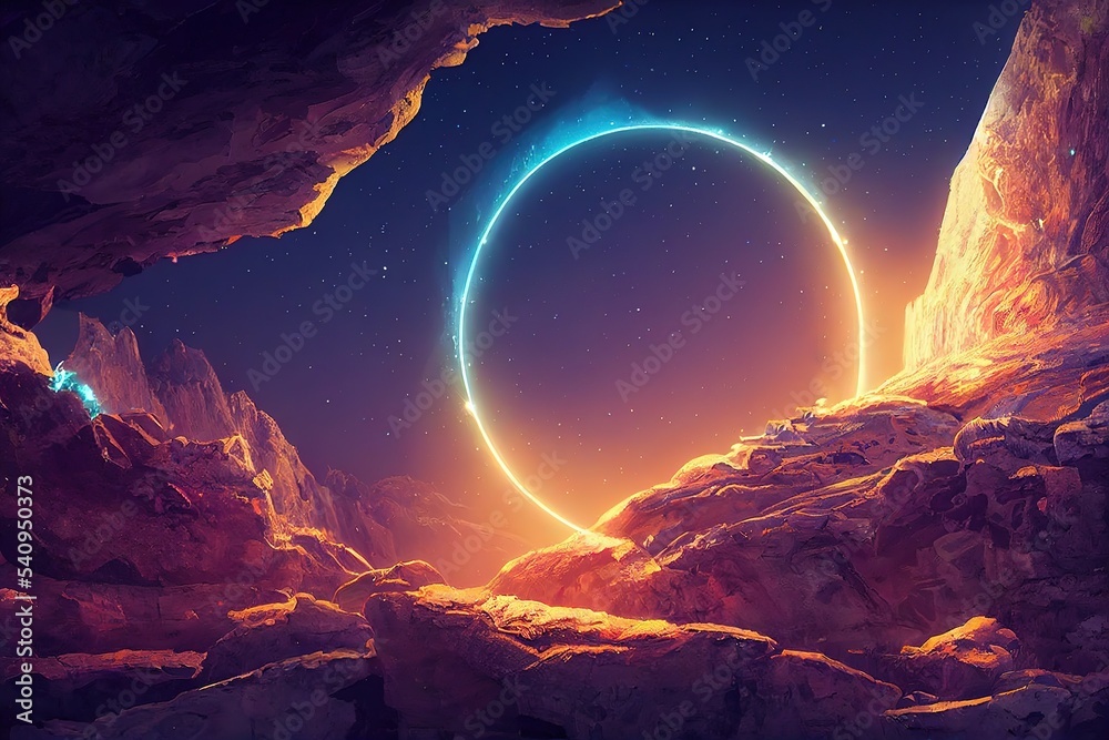Poster In a gorge of rocks under a starry sky, the circle is illuminated with neon. 3D rendering