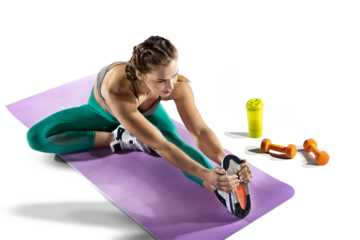 Beautiful woman at the gym doing fitness exercises. Sports transparent background.	