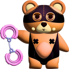 a lusty bear in a leather bdsm suit with handcuffs is ready for comfort and fulfillment of secret desires. Vector funny image in 3d
