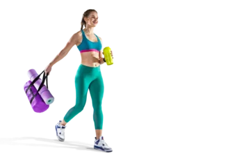 Poster Sports transparent background. Beautiful slim sporty young girl is preparing for joint training. © vitaliy_melnik