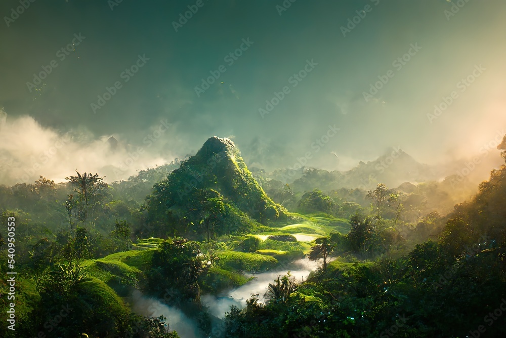 Sticker A panoramic landscape of green jungle illuminated by the light of the sun's rays. 3D illustration