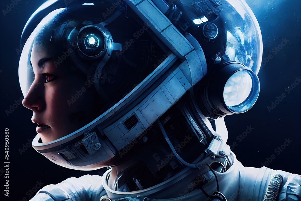Poster the astronaut's helmet is attached to a white protective suit on a black background. 3d rendering