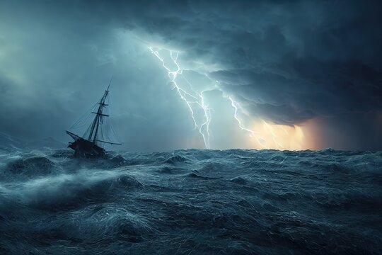 A medieval ship is caught in a storm in the ocean. 3D illustration
