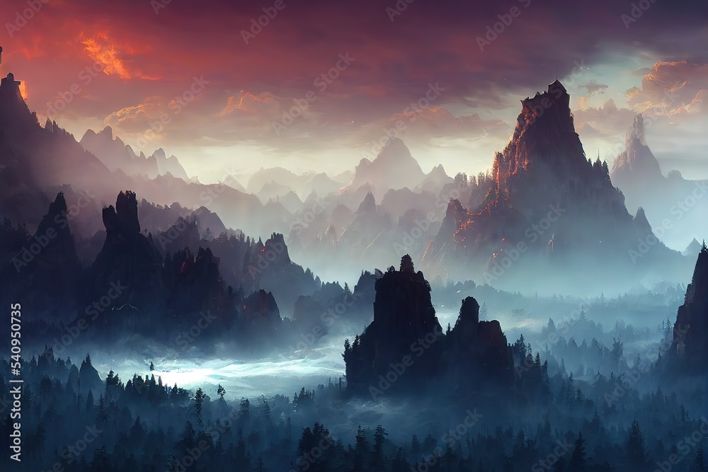 Poster The trees of the coniferous forest in the valley of the mountain range are covered with fog. 3D rendering