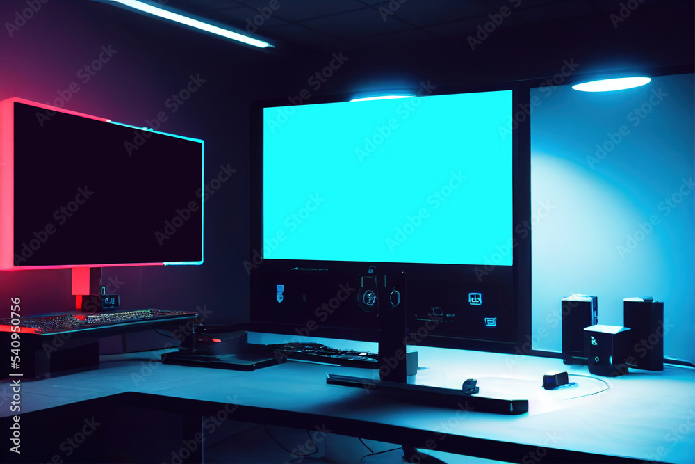 Leinwandbilder in the office there are two monitors, speakers and a keyboard on a white desk. 3d rendering