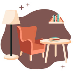 Cozy place to rest, hygge living room interior, armchair with books, place to read and relax, vector illustration, set of furniture