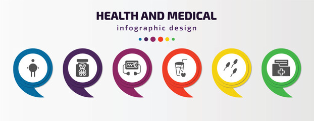 health and medical infographic template with icons and 6 step or option. health and medical icons such as fat, poisonous, defibrillator, juice, sperm, medical result vector. can be used for banner,