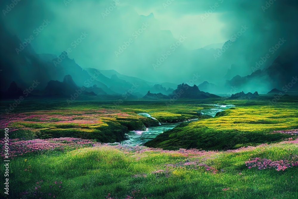 Poster A mountain river flows from the top of a mountain range into a green valley. 3D rendering