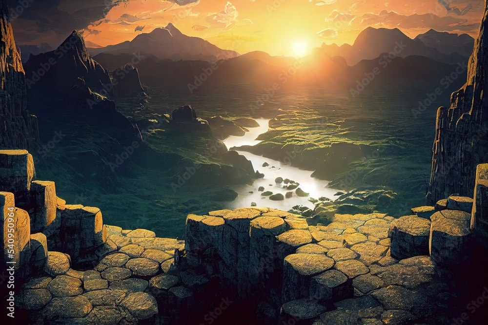 Poster The view from the cave on the high ground on the river that led through the valley to the base of the mountains. 3D rendering