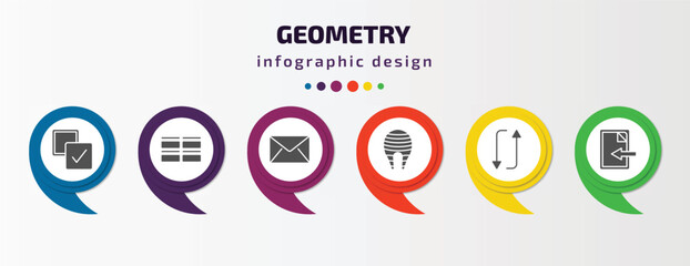 geometry infographic template with icons and 6 step or option. geometry icons such as select all, array, , fillet, flip, import vector. can be used for banner, info graph, web, presentations.
