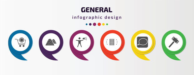 general infographic template with icons and 6 step or option. general icons such as procurement, sand, leader with loudspeaker, smart contract, message app, sledgehammer vector. can be used for