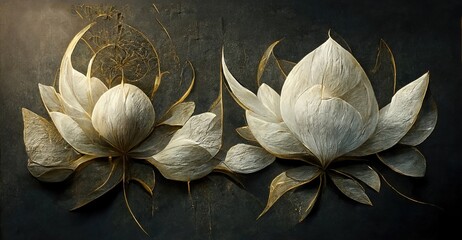 Two open lotus blossoms in white on a gray background. 3D illustration