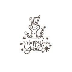 New Year card with hare. Chinese calendar symbol. Vector holiday poster. Funny animal. Cheerful rabbiti. Funny hare print. Anthropomorphic character for desing.