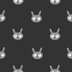 Seamless pattern with cute hares on a black background. Cartoon bunnies print. Vector animals poster.