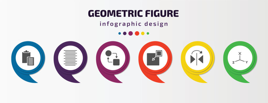 geometric figure infographic template with icons and 6 step or option. geometric figure icons such as paste clipboard, center alignment, transform, insert, mirror horizontally, coordinates vector.