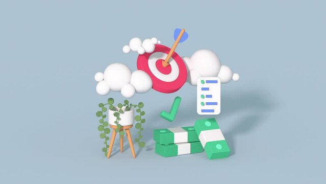 Aim target and money. Business goal and success concept. Minimal cartoony 3D render animation