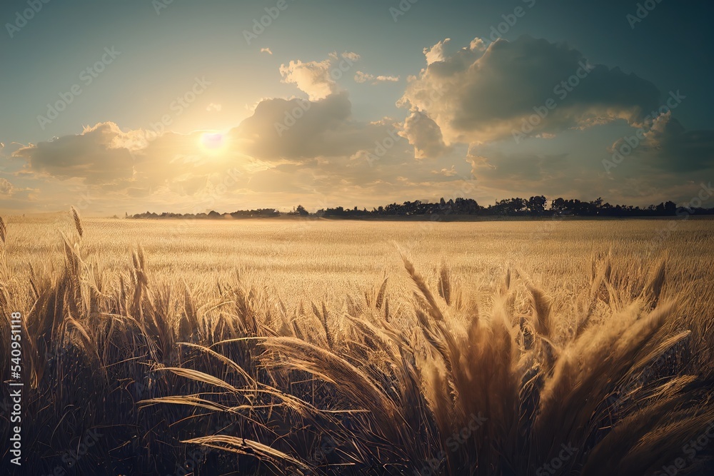 Aufkleber the sun's rays through the clouds illuminate a field of ripe wheat. 3d rendering