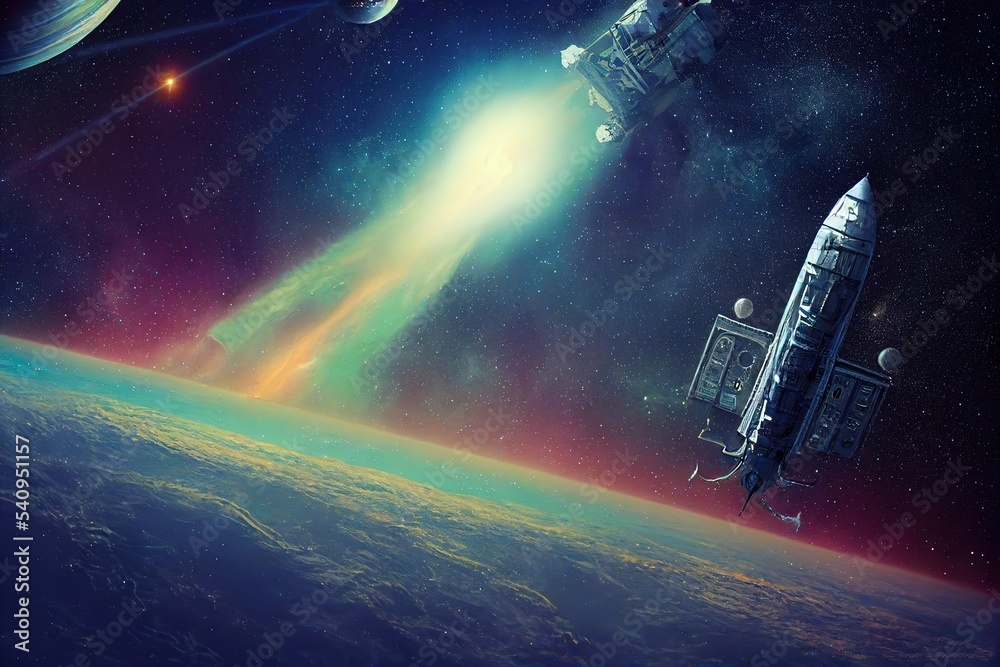 Poster In space, against the background of Earth's orbit, two spaceships are flying. 3D rendering
