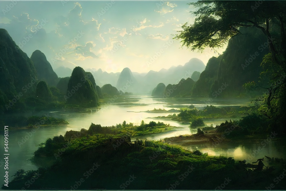 Poster the river flows among hills covered with greenery. 3d rendering